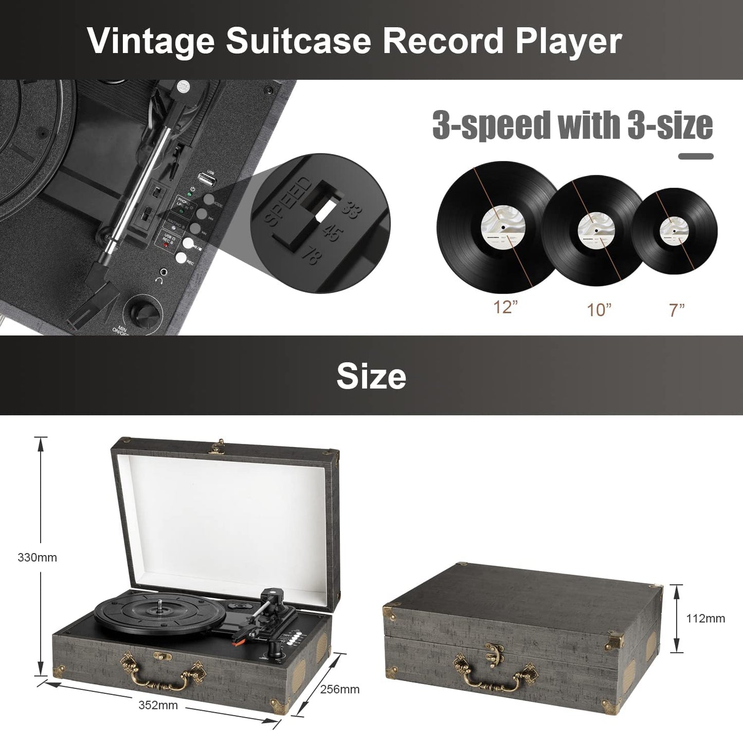 3-Speed Vintage Suitcase Vinyl Turntable, (Black)