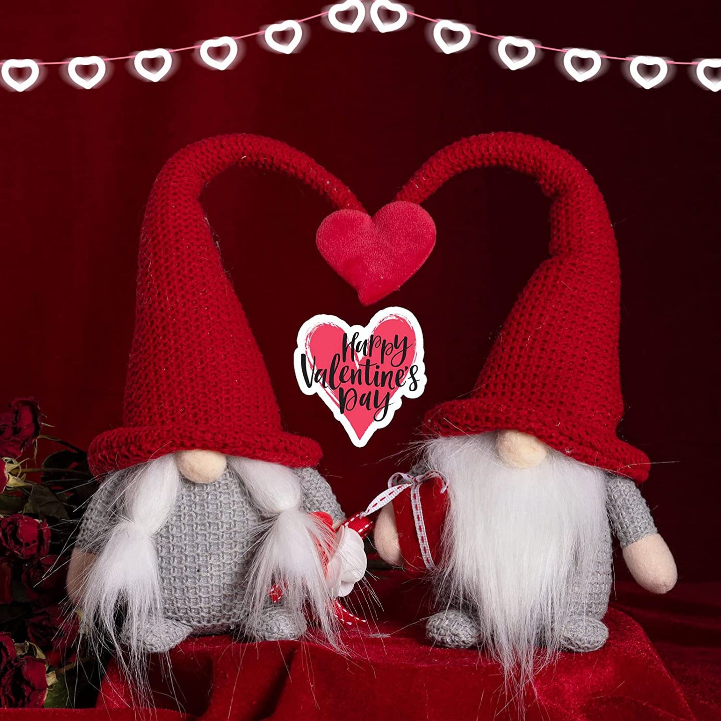 2 stuffed gnomes red heart together, decoration for Valentine's Day