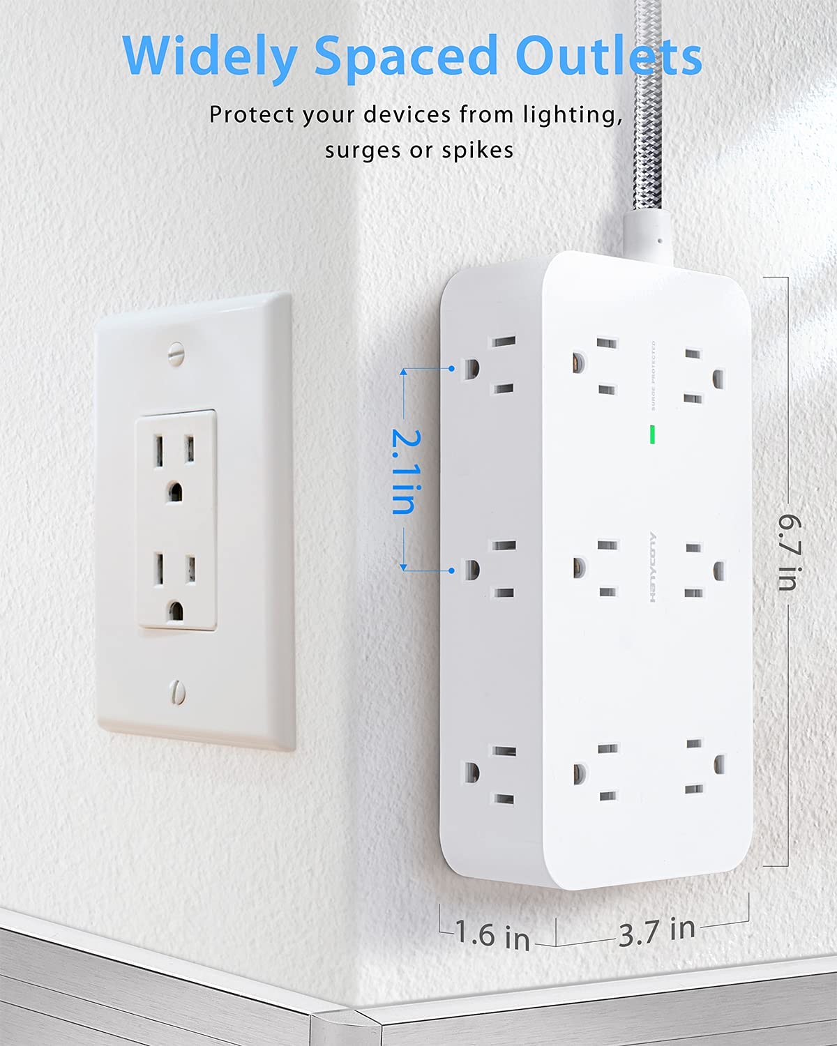 flat plug, surge protection, 3 sides, 12 outlets and 4 usb ports