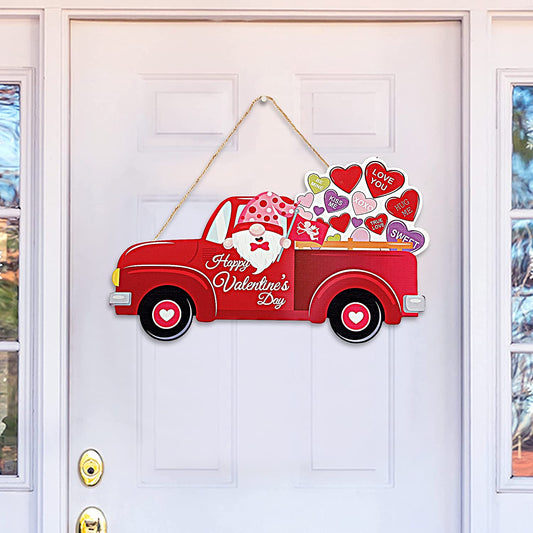 Valentine's Day Hanging Sign Red Truck Gnome Heart