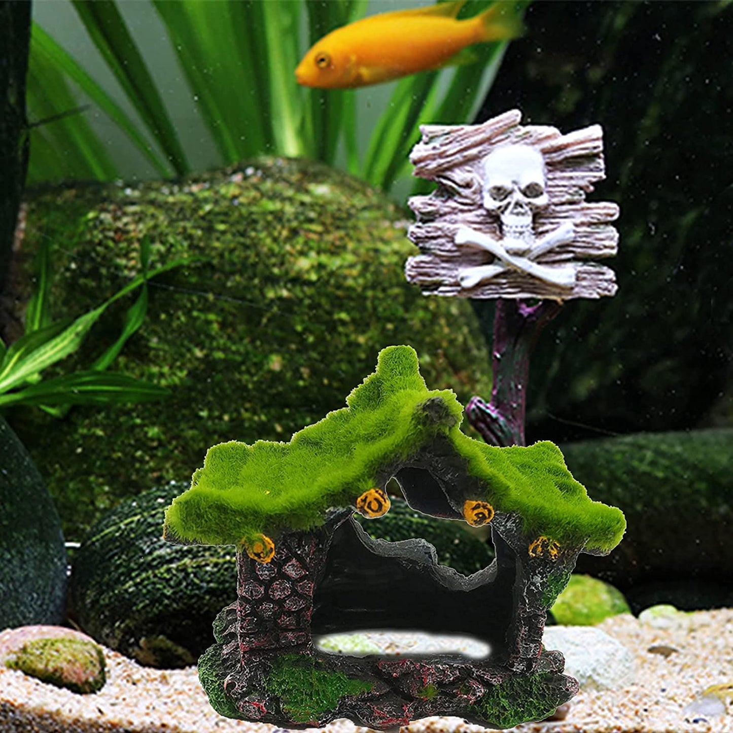 House with realistic moss, fish tank decoration