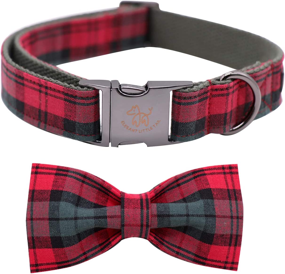 Elegant pet collar with bow, cotton and straps, Christmas Plaid