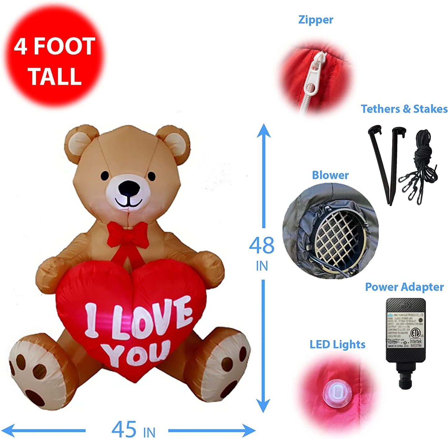 Inflatable Teddy Bear with Heart Romantic, 4 Foot