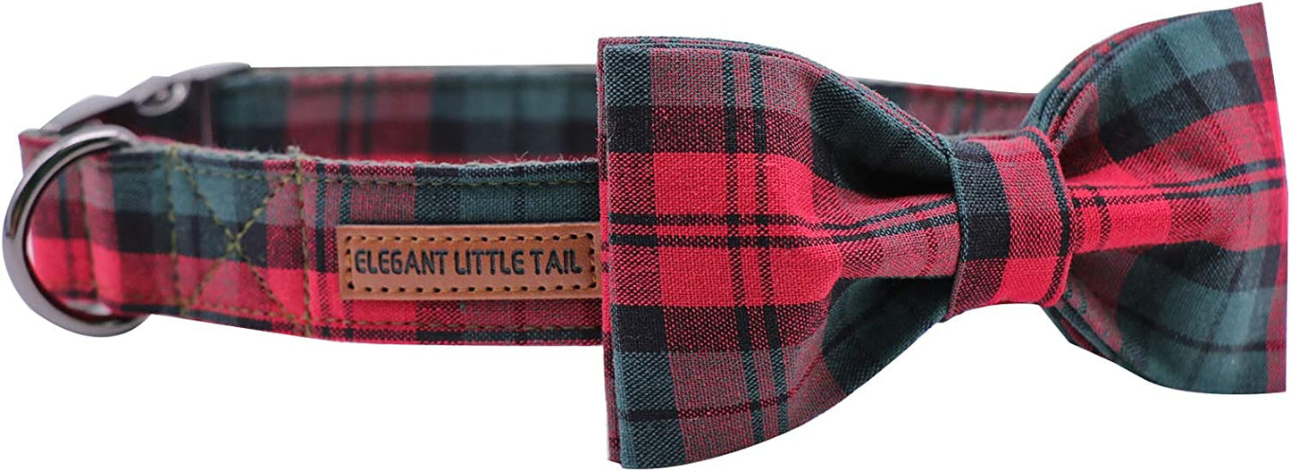 Elegant pet collar with bow, cotton and straps, Christmas Plaid