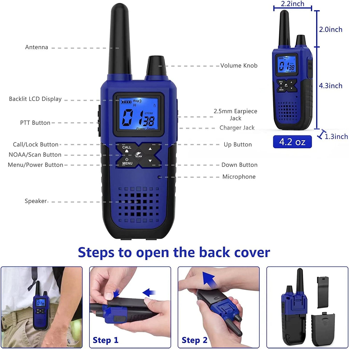 2 Long Range Rechargeable Walkie Talkies - Color: C Blue