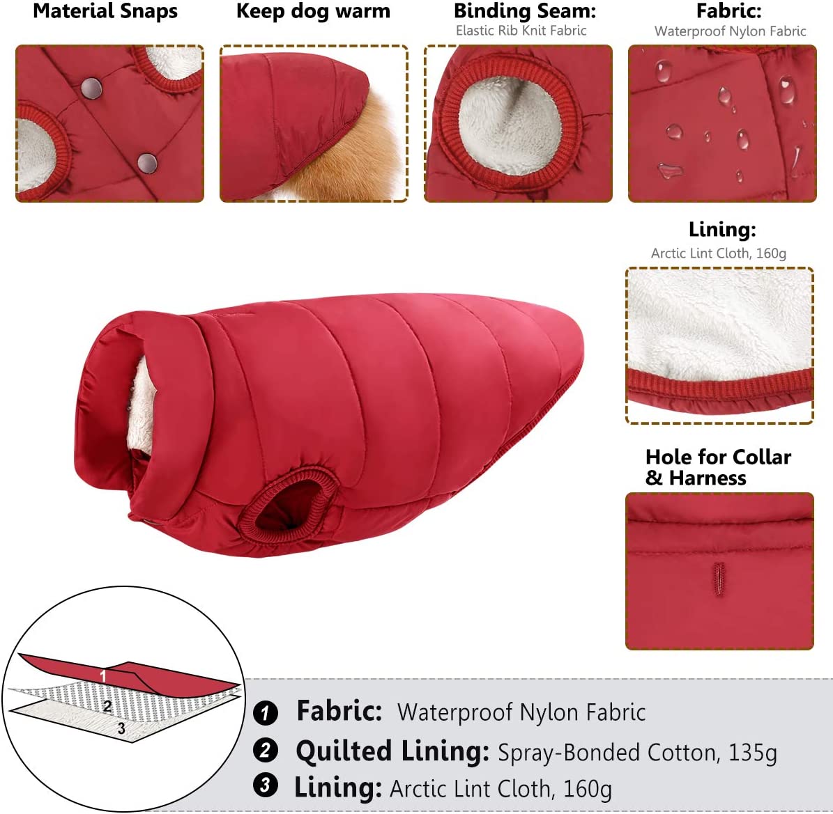 Windproof Winter Coat for Dogs, XS, Red