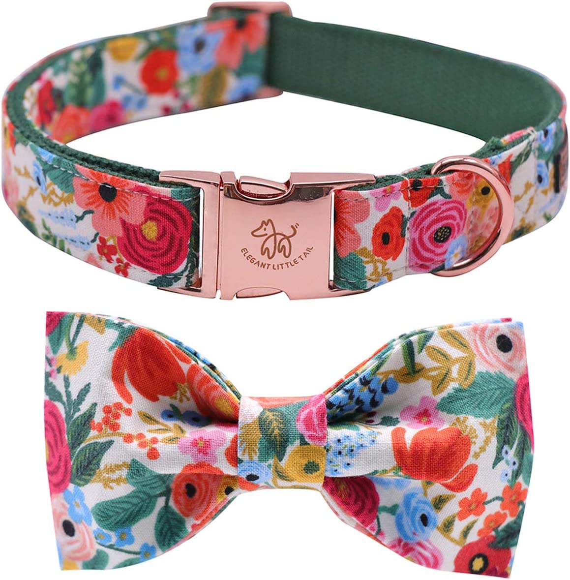 Elegant pet collar with bow, cotton and straps, Colour: Floral