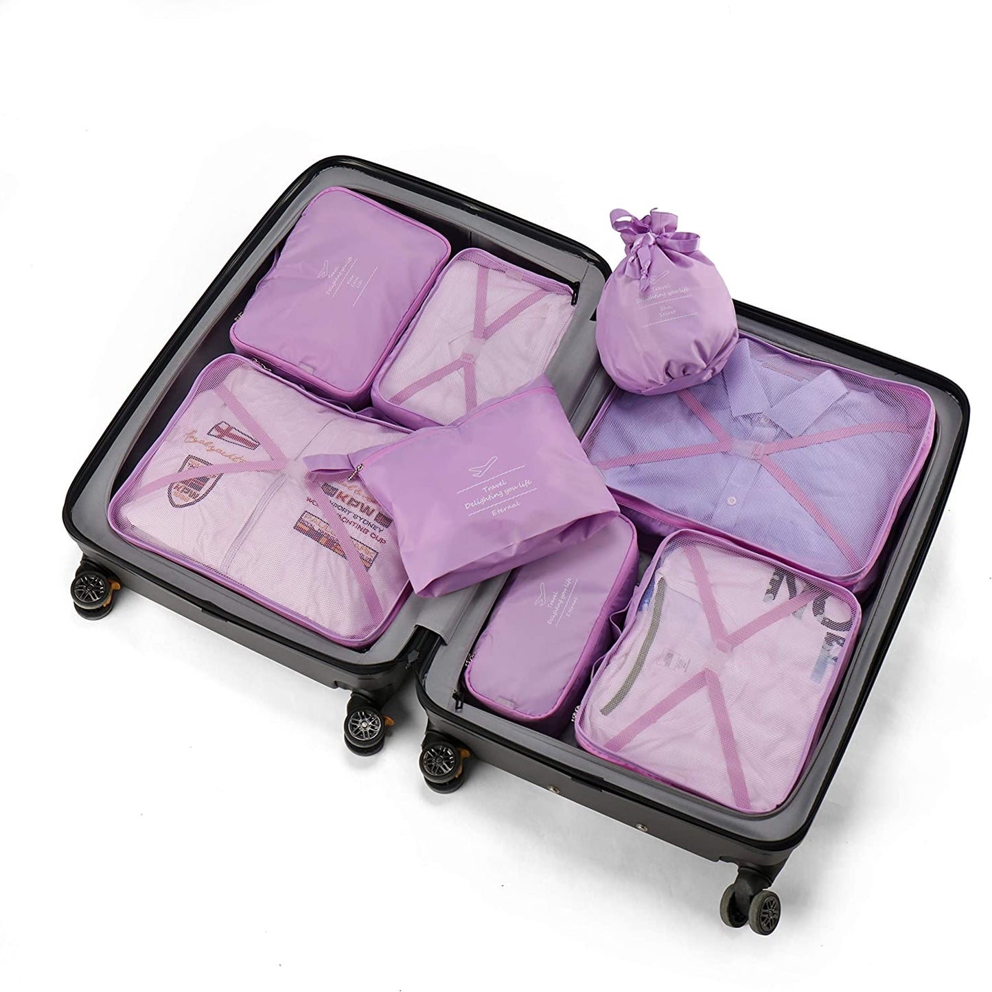 Travel packing cubes, waterproof, 8 pieces (purple)