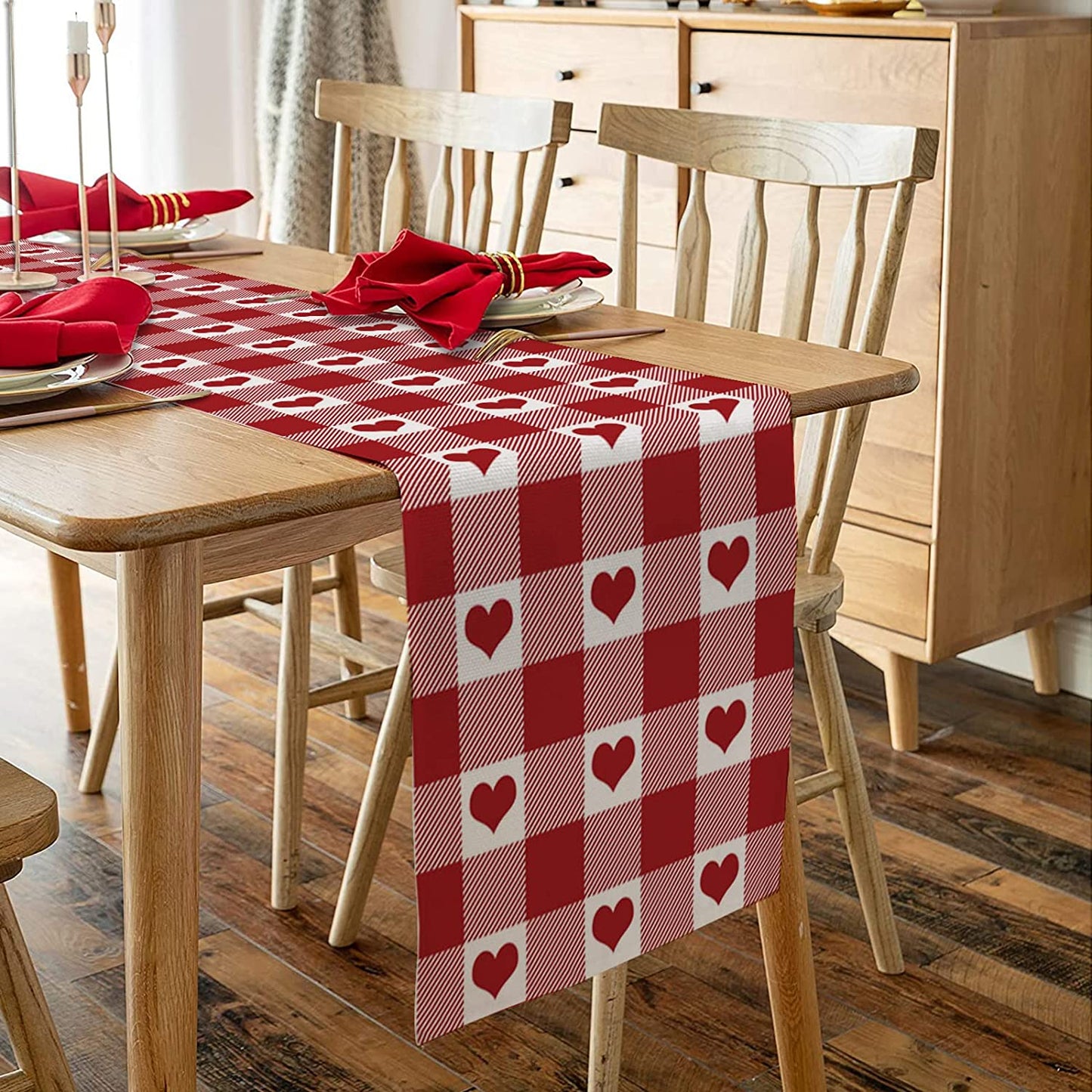 Red checkered table runner with love hearts for Valentine's day