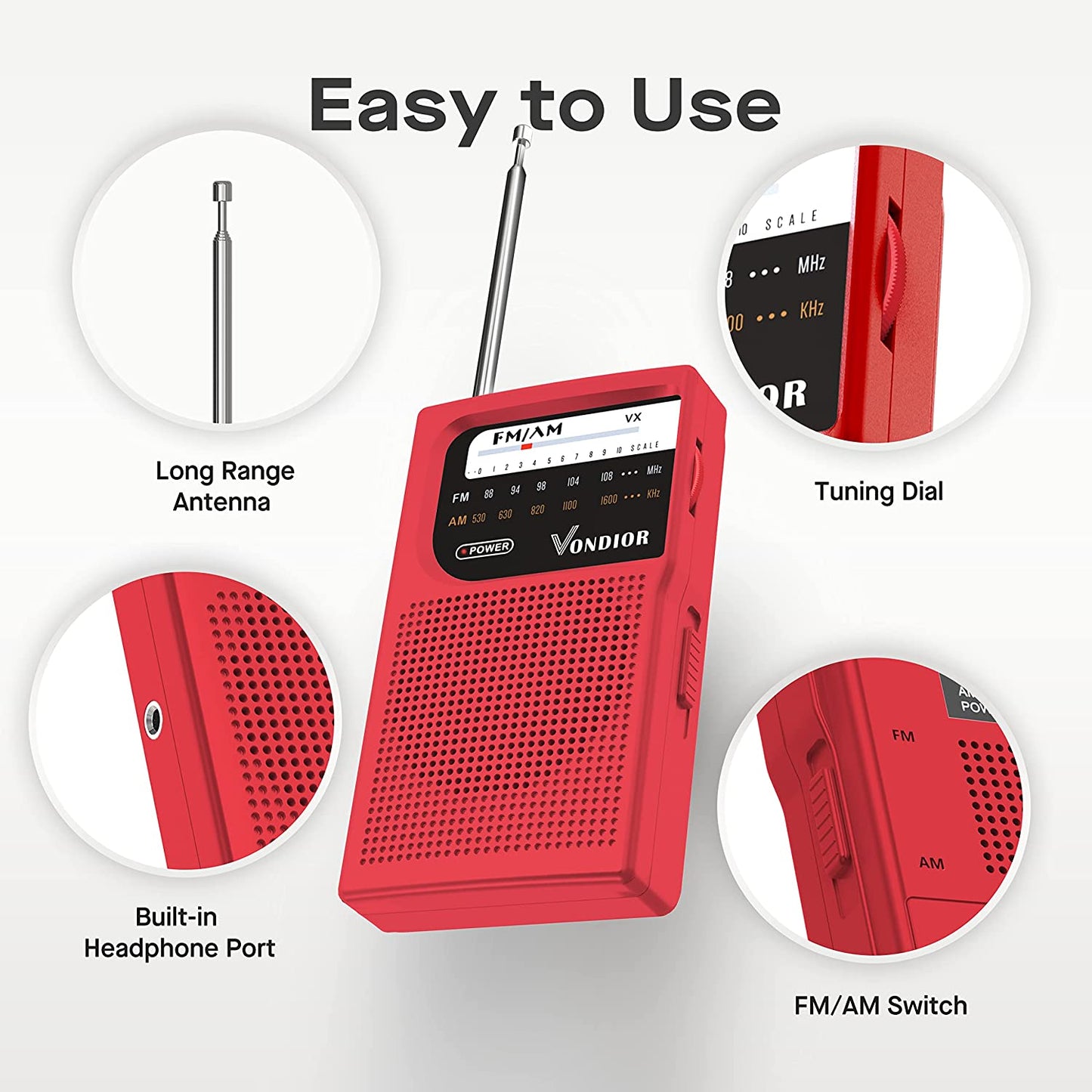 AM FM Portable Radio, (Red), 4.8 x 2.99 x 1.26 inches