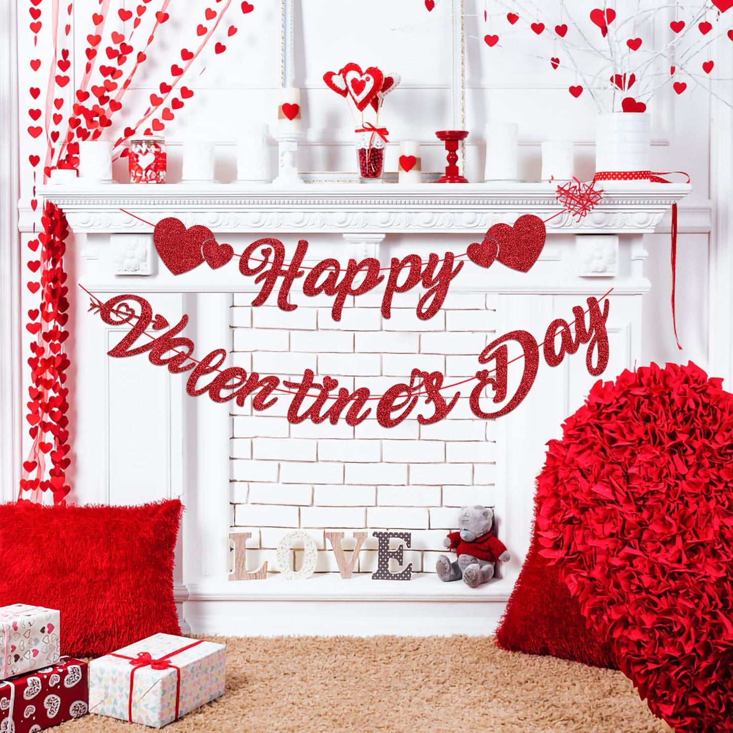 Happy Valentines Day Decor Heart Banner (Red Glitter)