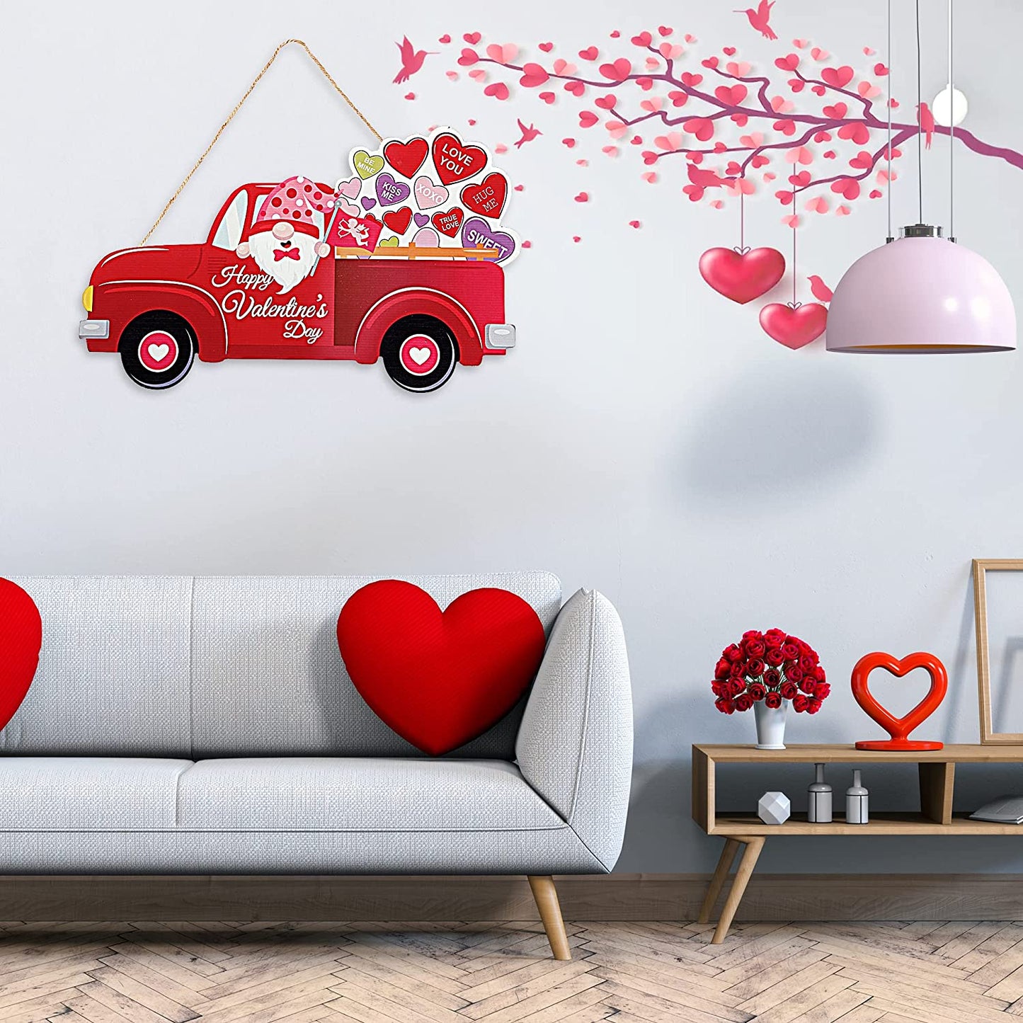 Valentine's Day Hanging Sign Red Truck Gnome Heart