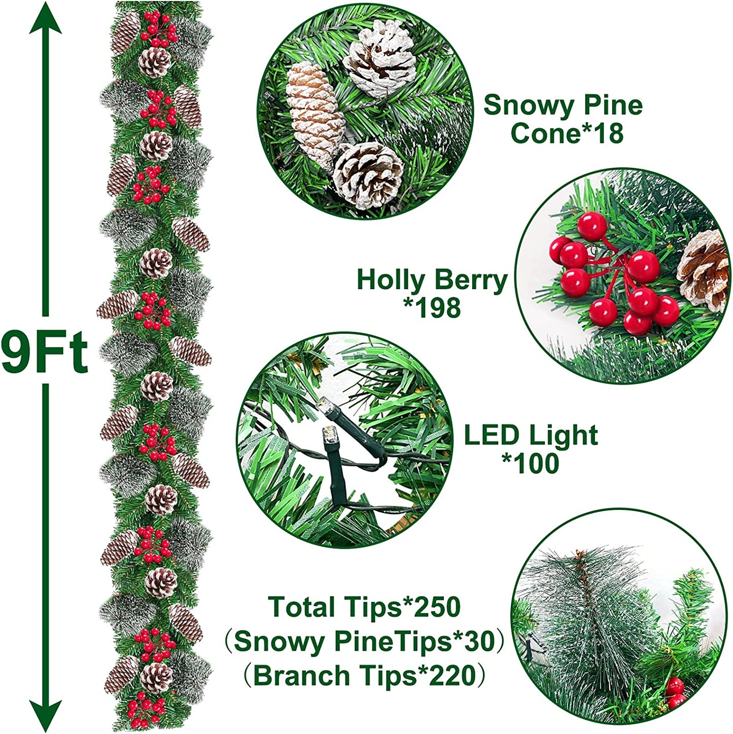 Artificial Christmas Garland Lights Timer 8 Modes Battery