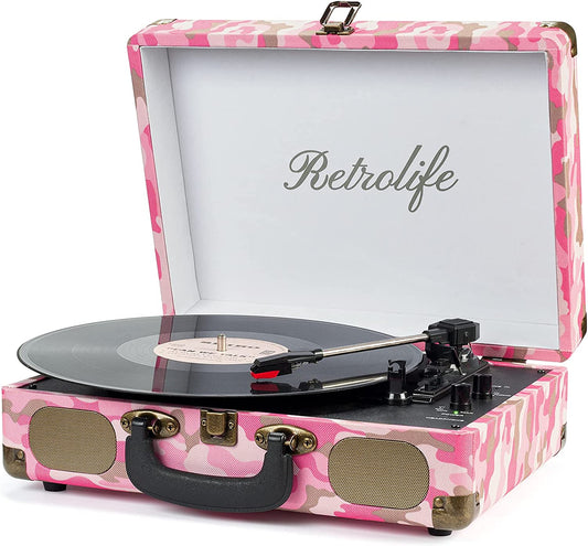 Bluetooth Vinyl, Record Player Vintage Portable Suitcase (Pink)