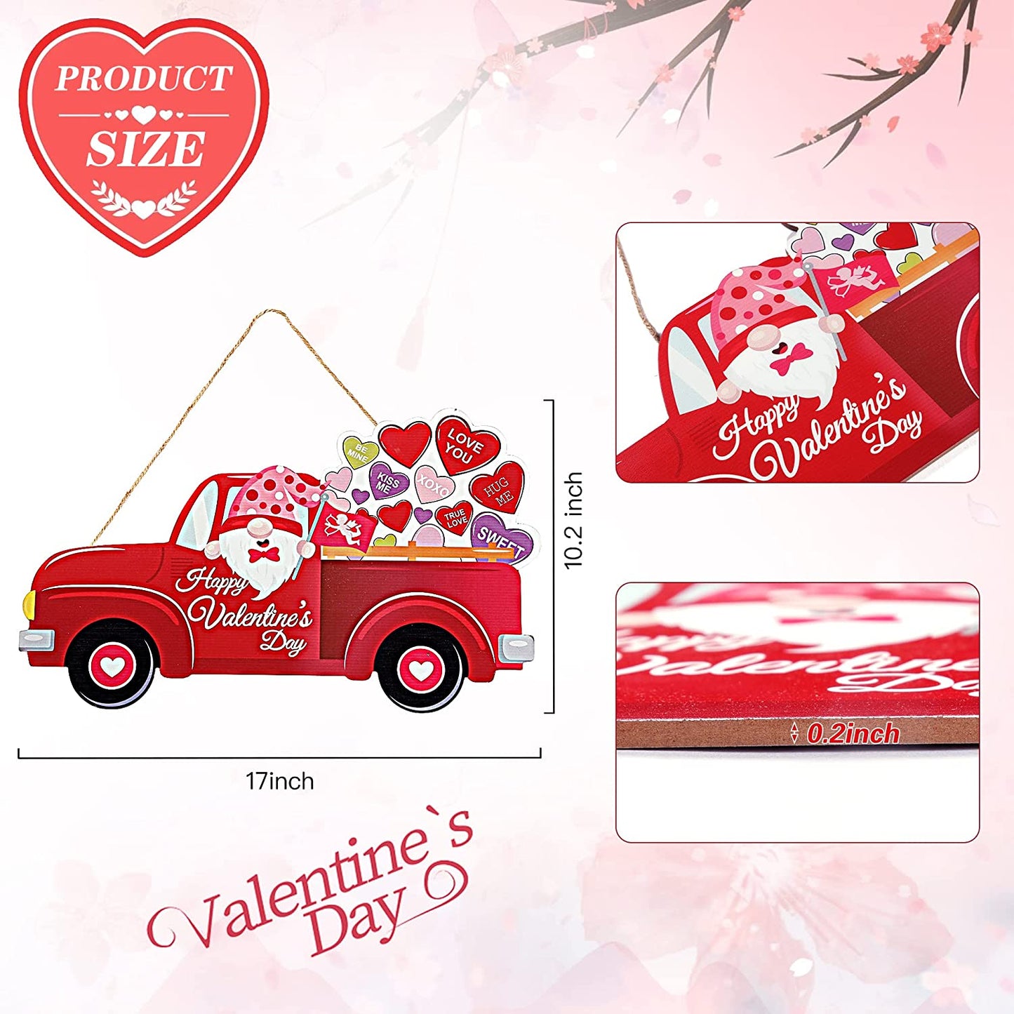 Valentine's Day Hanging Sign Red Truck Gnome Heart