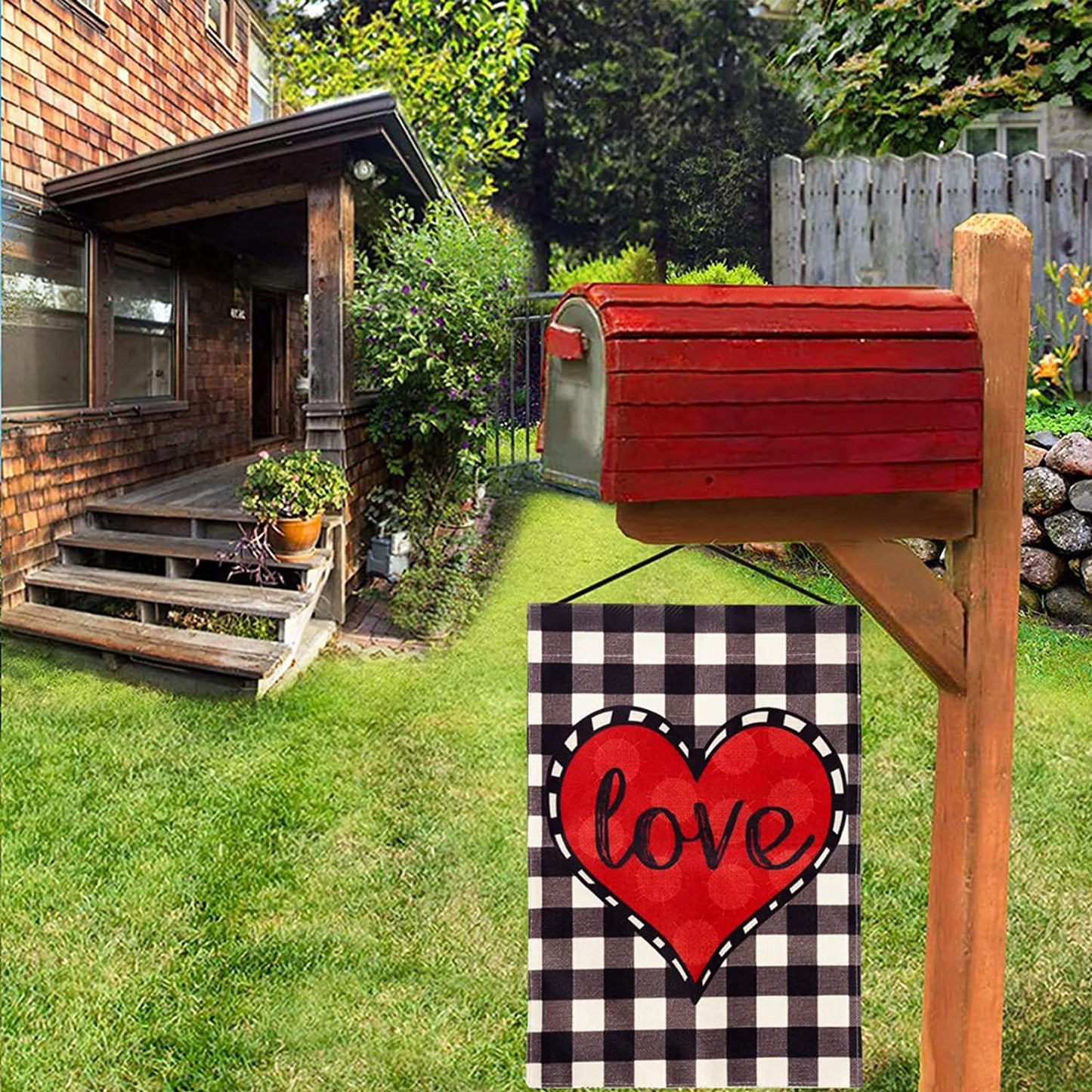 Valentines Day "Love" Garden Flag (Buffalo Plaid)