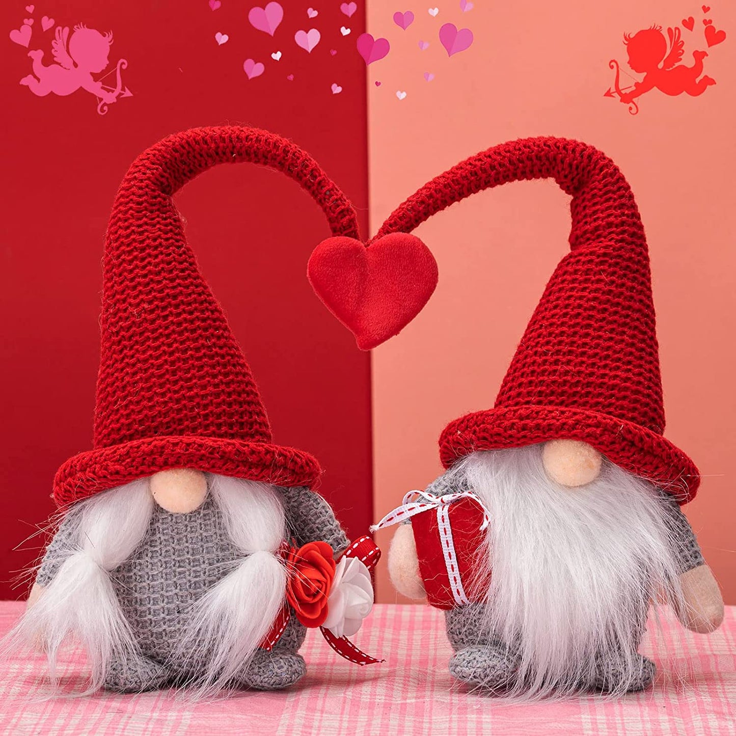 2 stuffed gnomes red heart together, decoration for Valentine's Day