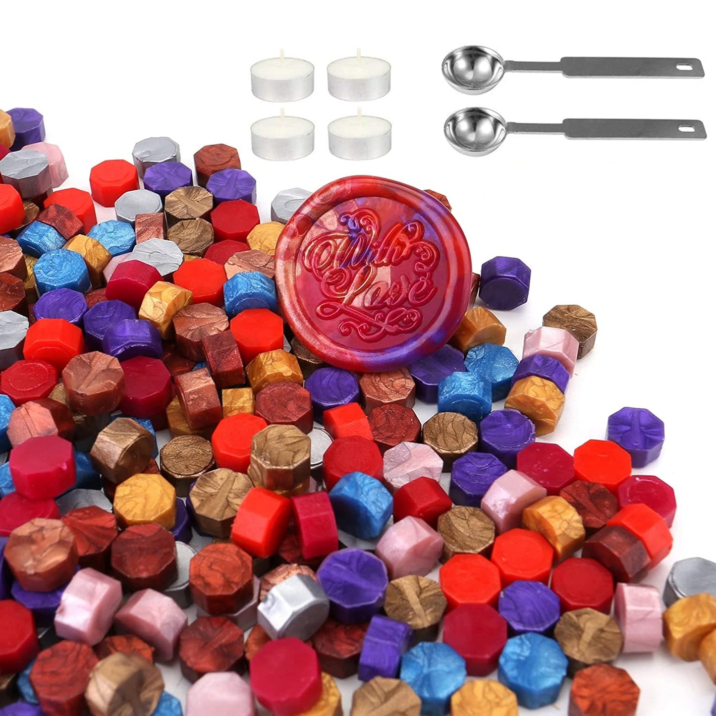 300 sealing wax beads, 2 melting spoons and 4 candles (12 colors)