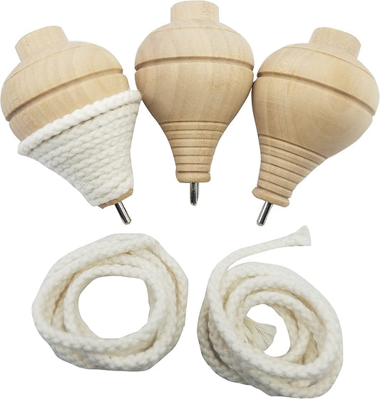 Pack of 3 hand-carved wooden spinning tops.