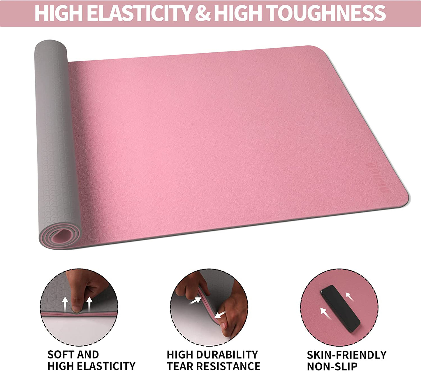 Yoga Mat Non Slip,  LxWxH 72.05 x 31.5 inches, Pink+ grey