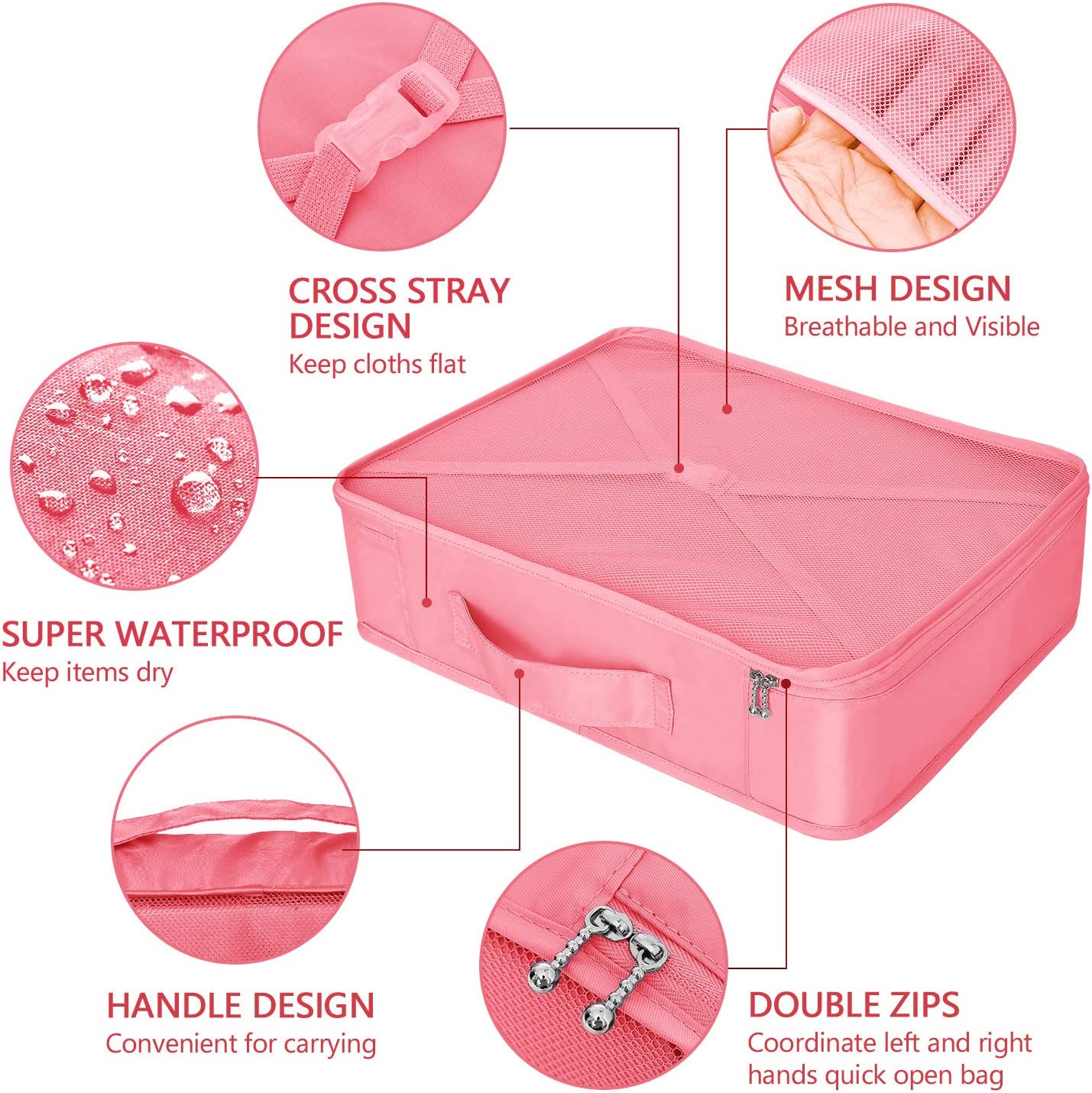 Travel packing cubes, waterproof, 8 pieces (peach pink)