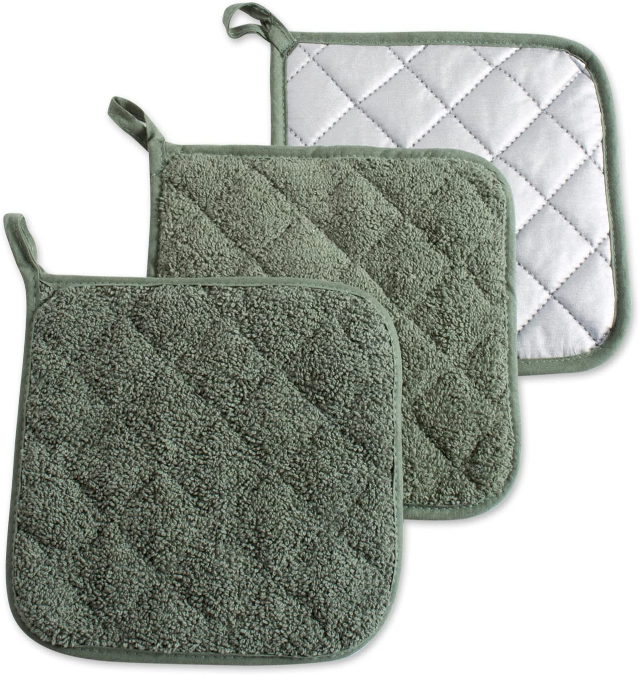 100% Cotton 3-Piece Quilted Potholder Basic Collection, Artichoke Green