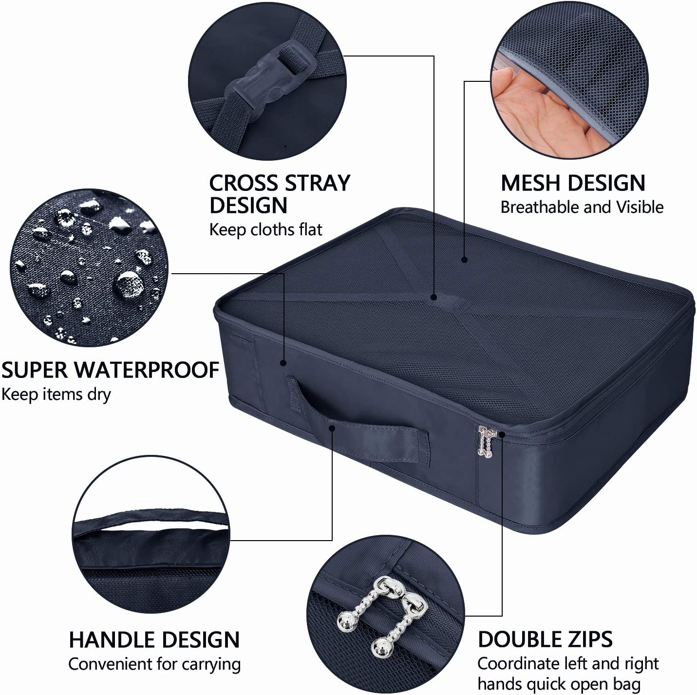 Travel packing cubes, waterproof, 8 pieces (navy blue)