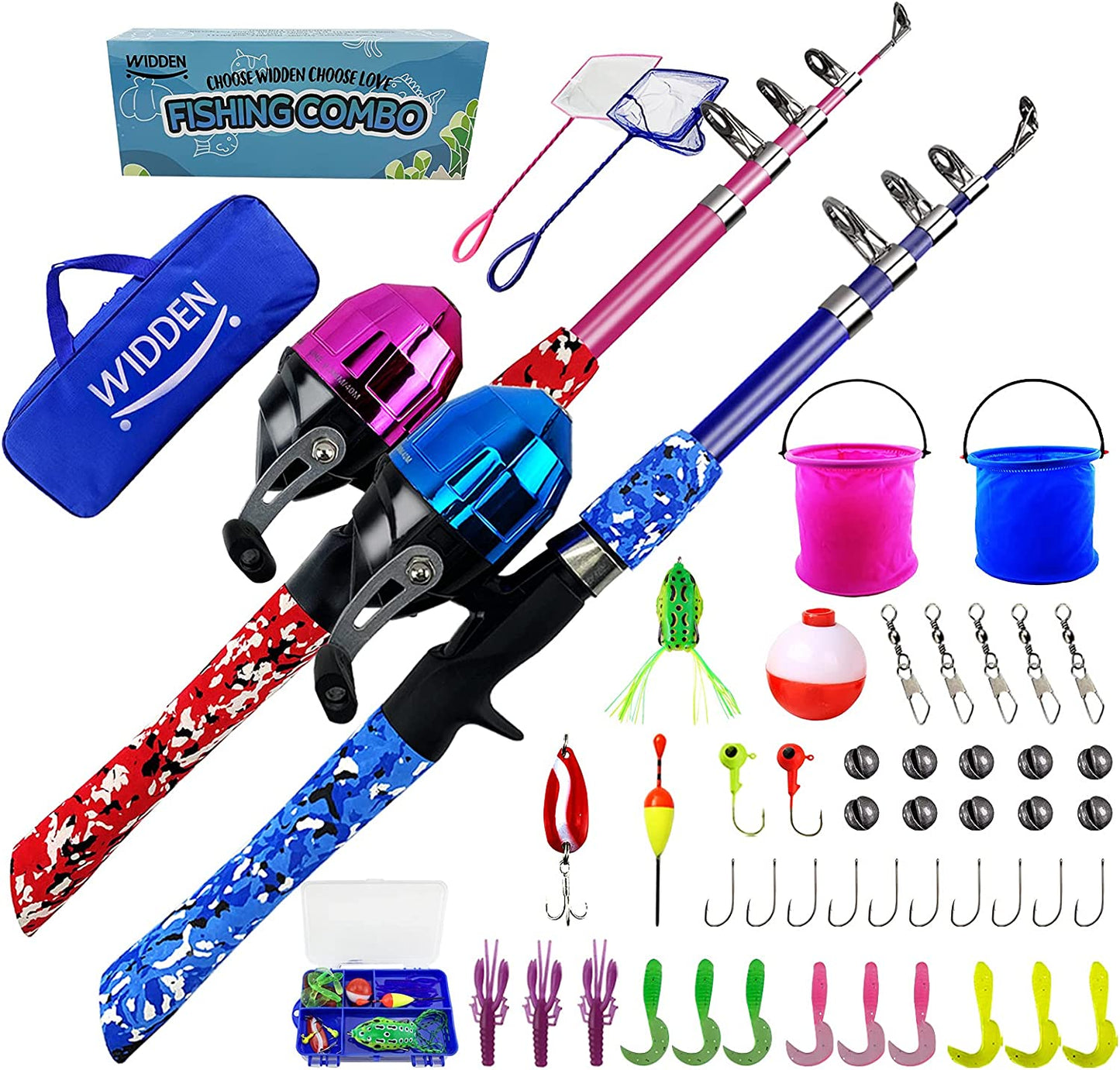 Combo Kit of 2 Fishing Rods, Reel, Tackle Box and Net (Blue+Pink)