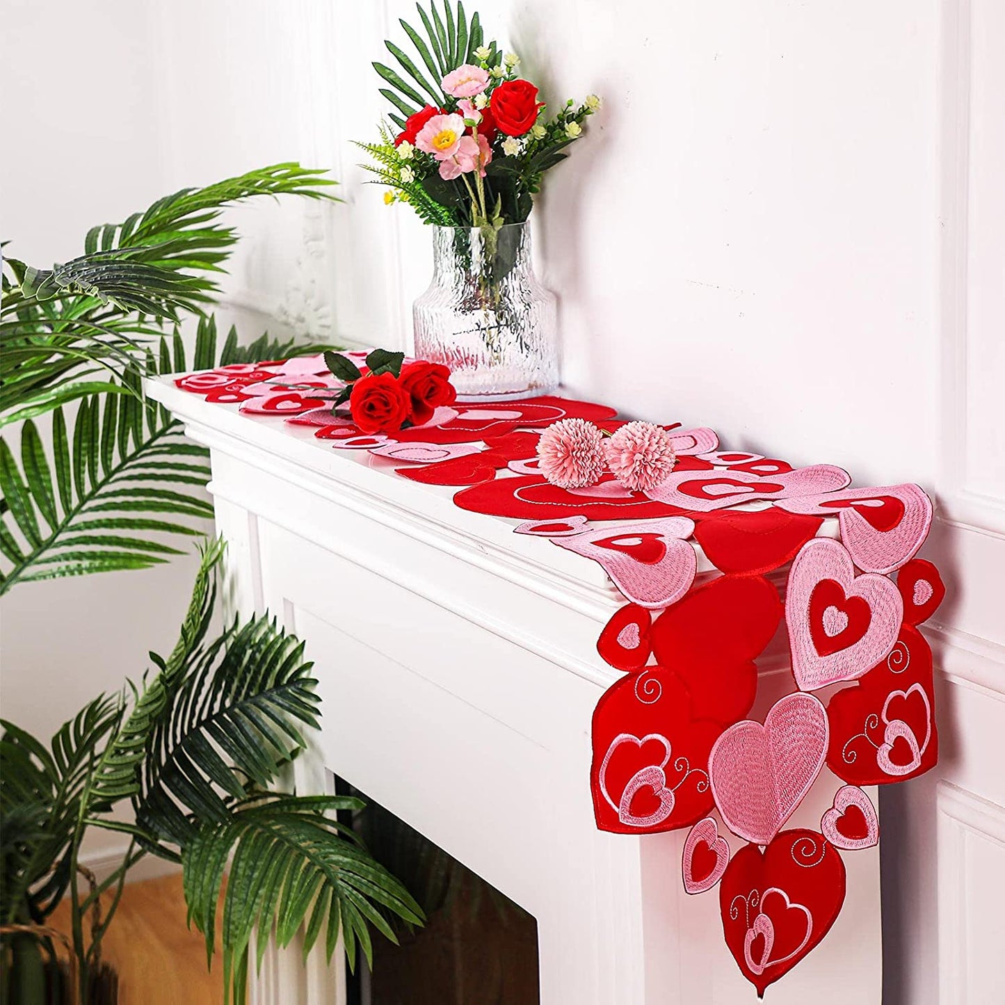 Embroidered table runner for Valentine's Day with a heart in love