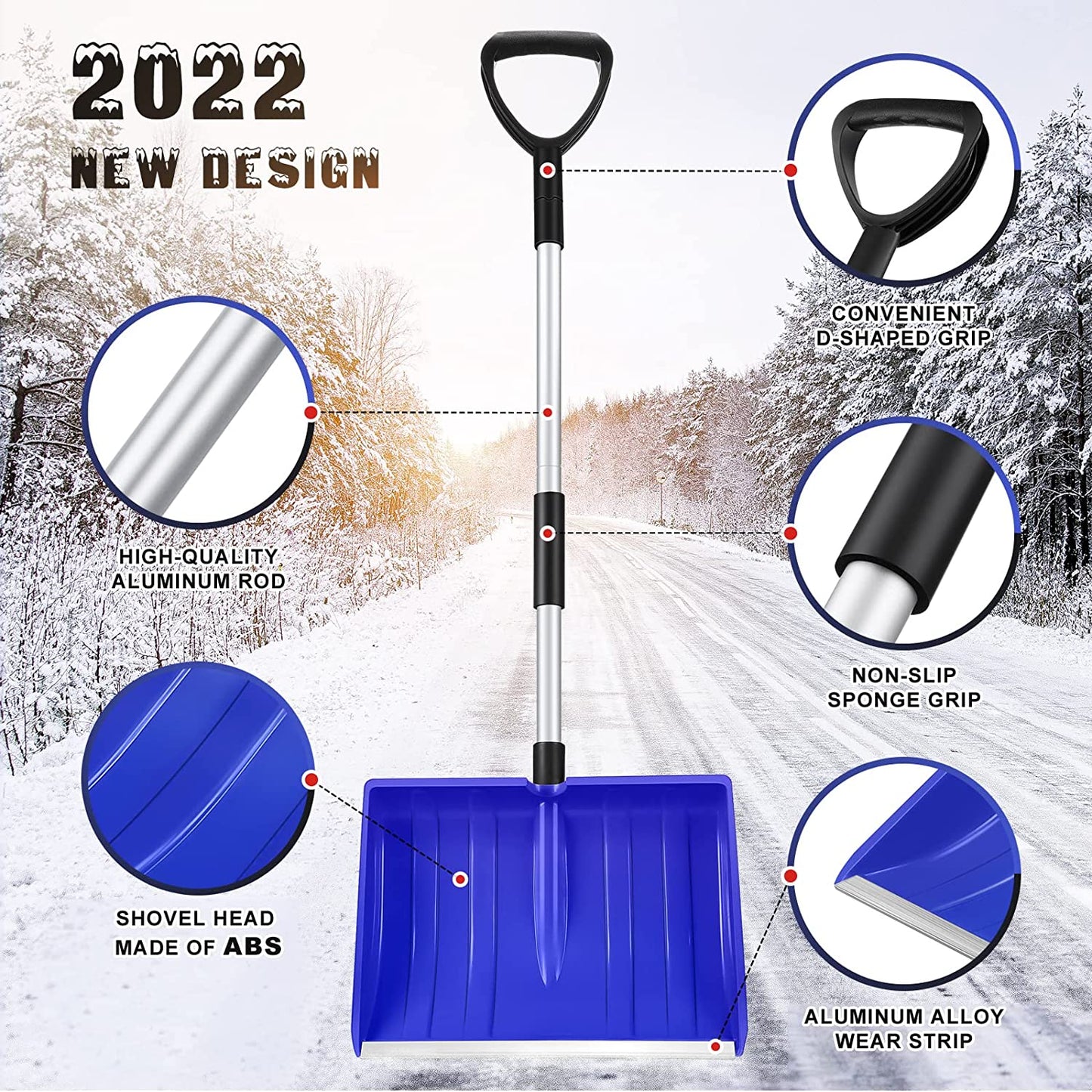 Portable Driveway Snow Shovel with Aluminum Handle, Color: Blue