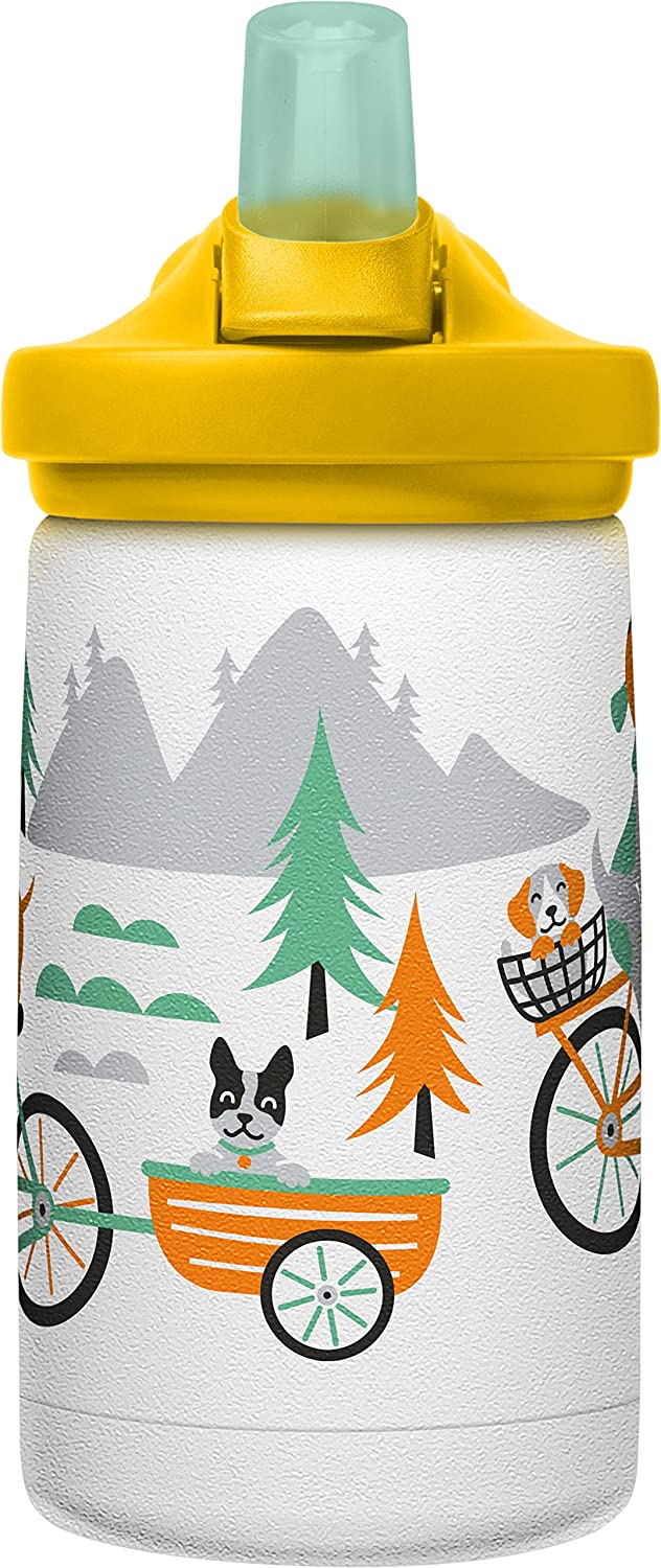 Water bottle, stainless steel, with straw lid, 12 oz, Biking Dogs