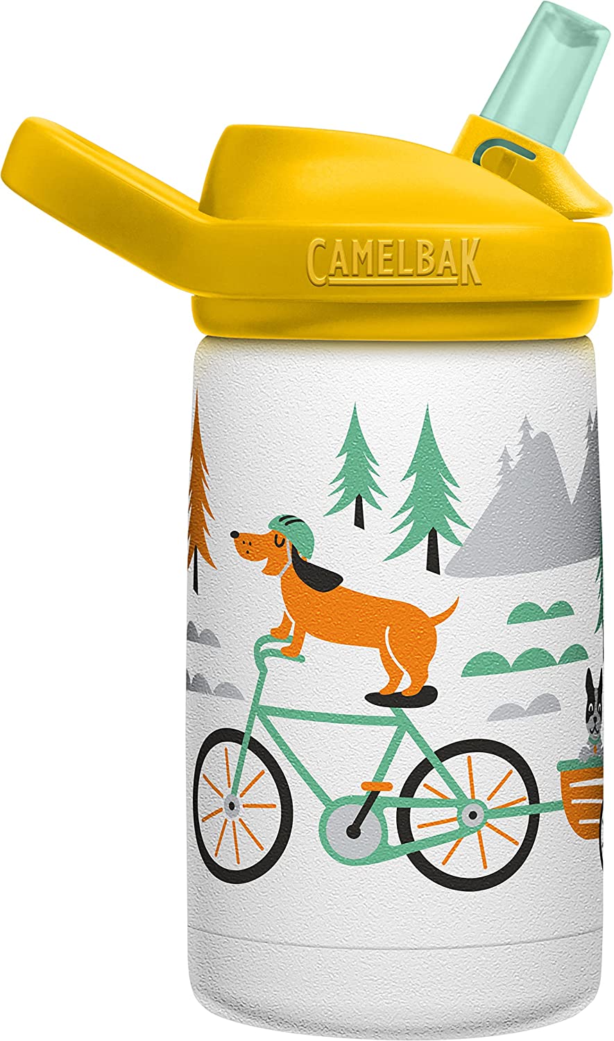 Water bottle, stainless steel, with straw lid, 12 oz, Biking Dogs