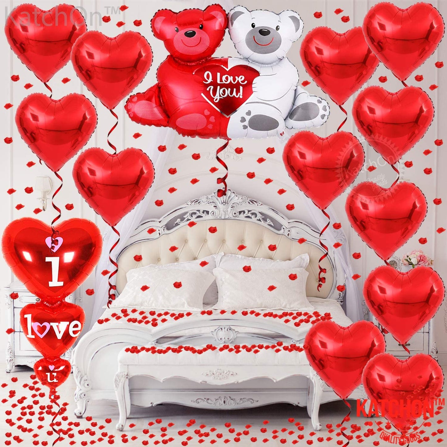 40 Inch Teddy Bear Balloons Set,  1000 Pieces Rose Petals, Red