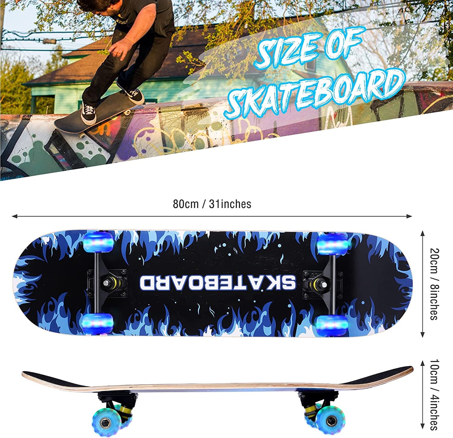 Standard Skateboard, 31" x 8" with Colored LED Light Up Wheels