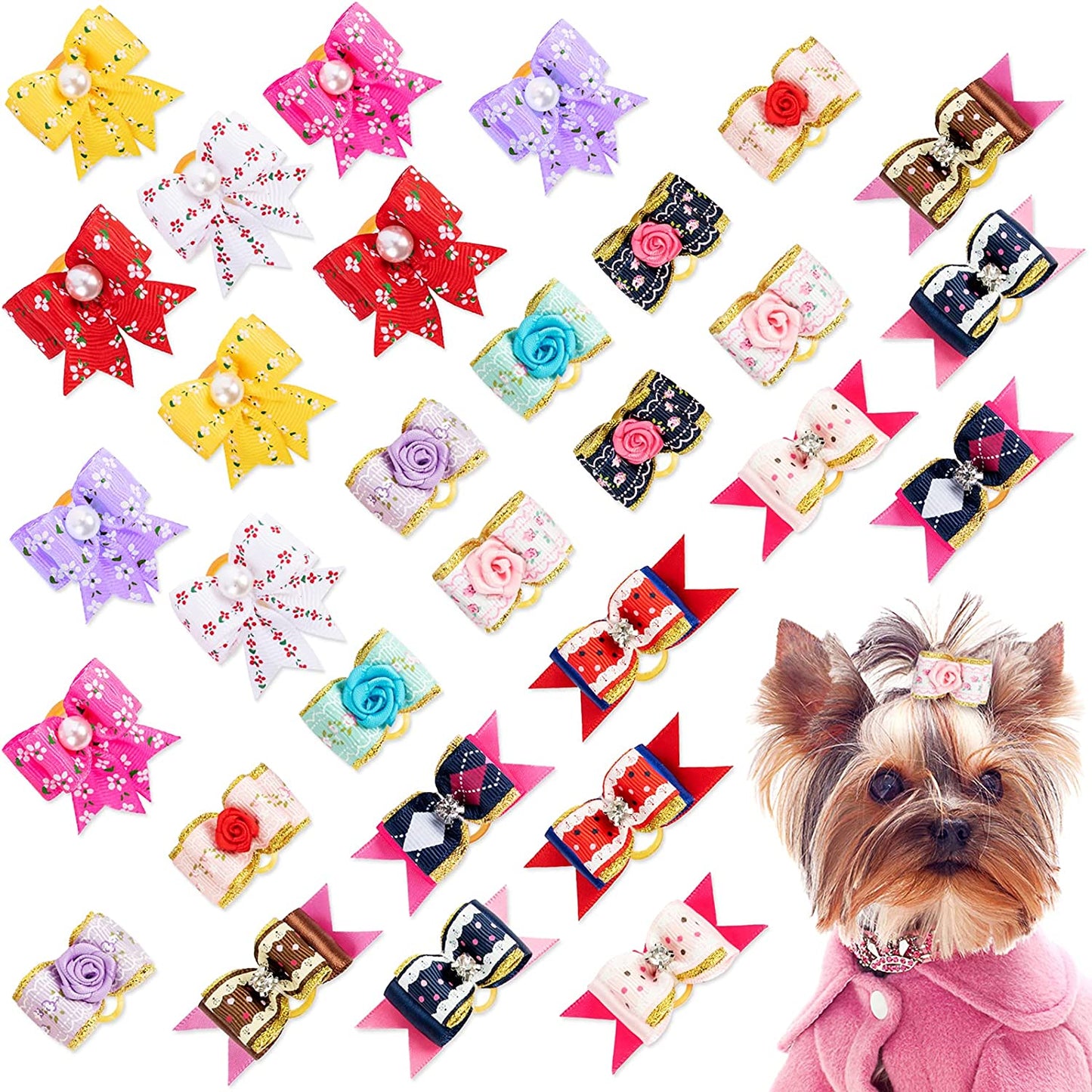 30 pieces/15 pairs of dog bows, with elastics, rhinestones