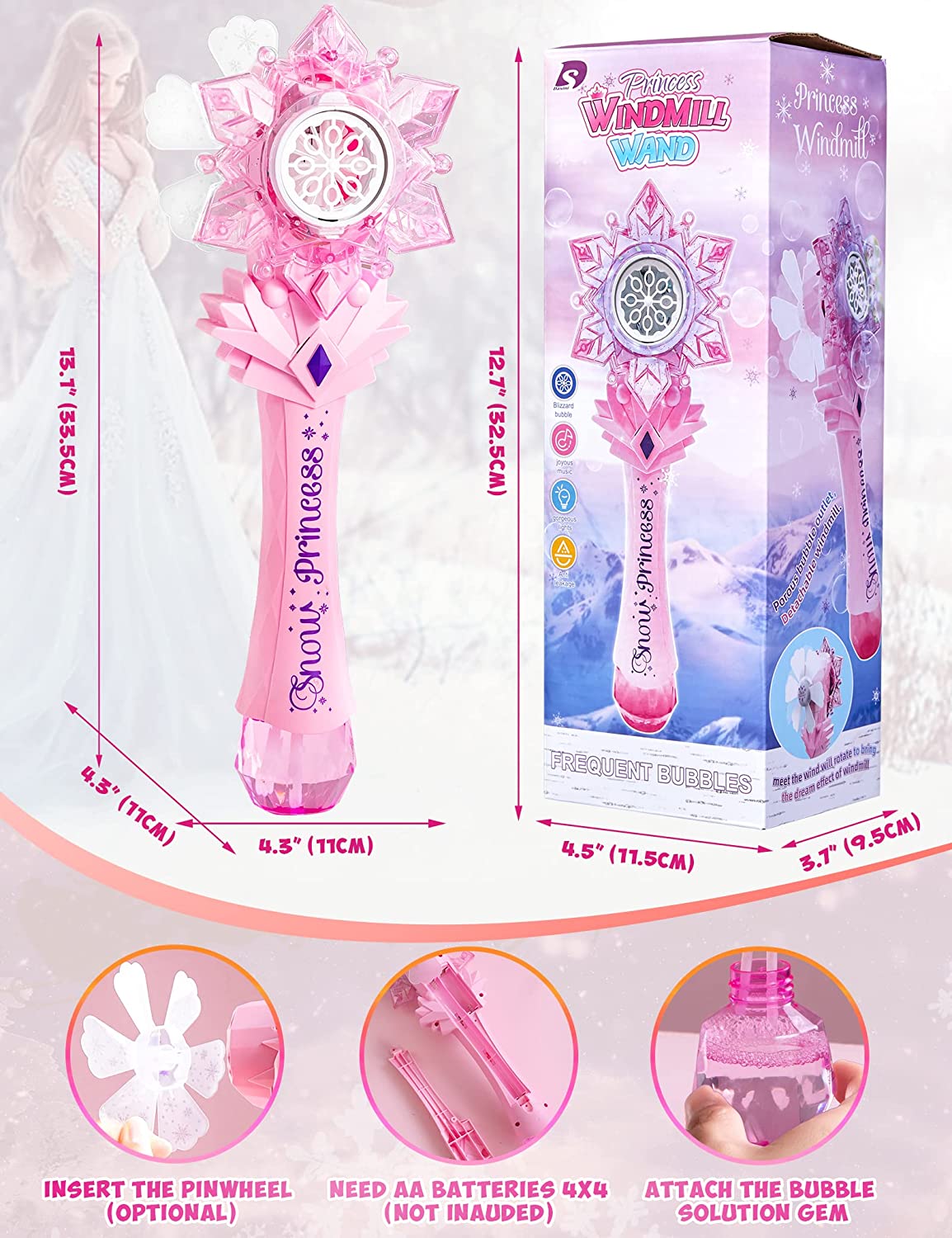 Spinning Bubble Wands with Windmill, 2 in 1, Pink