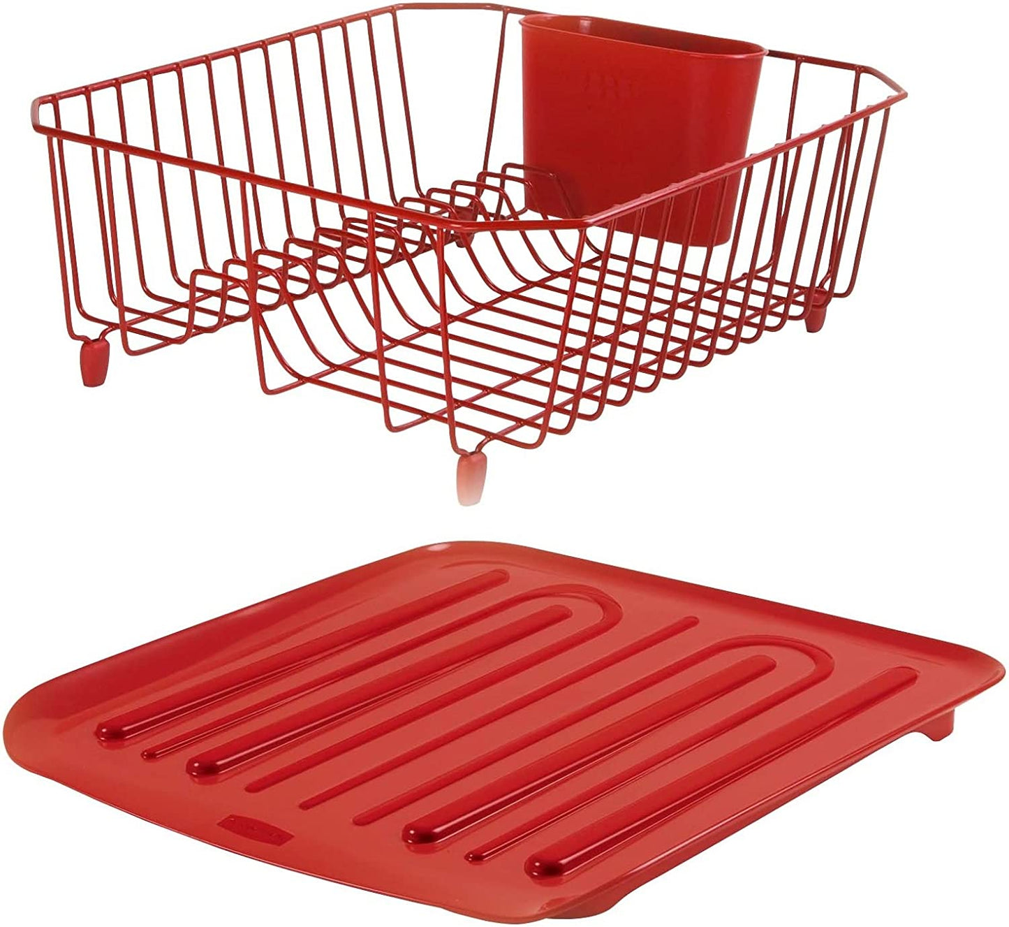 Dish Drainer, Drain Board, Sponge, and Kitchen Brush Set (Red)