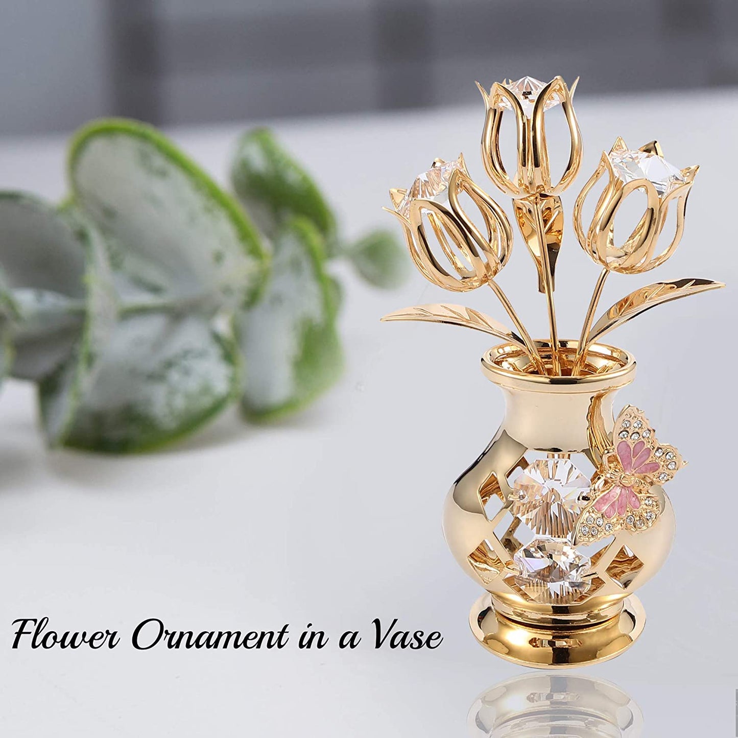 24K Gold Plated Crystal Studded Flower Ornament in Vase