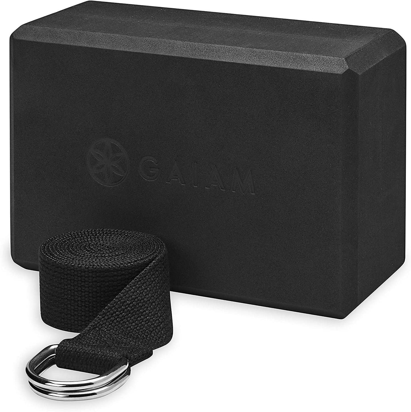 Yoga block, (Black), Foam, 6 ft Strap, 9" W x 6" H x 4" D