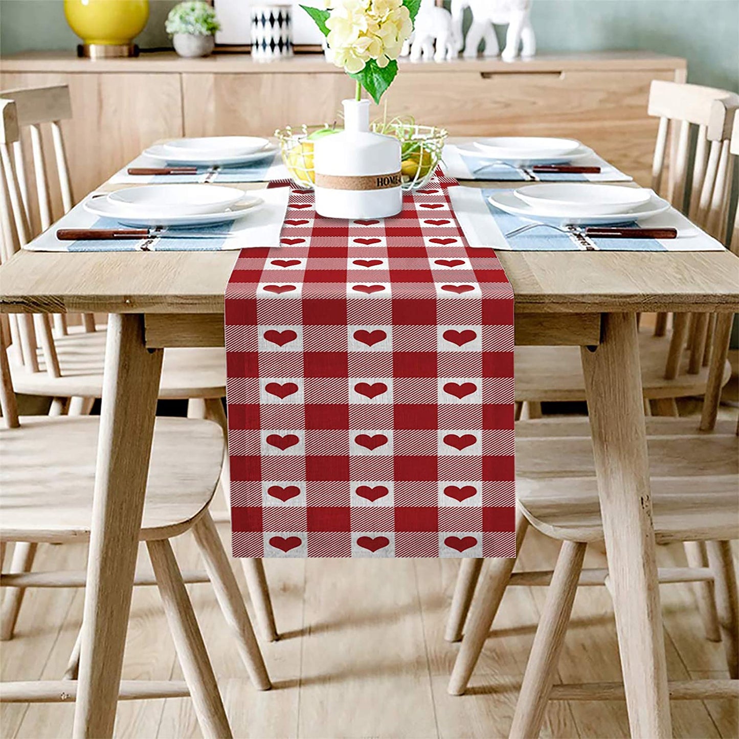 Red checkered table runner with love hearts for Valentine's day