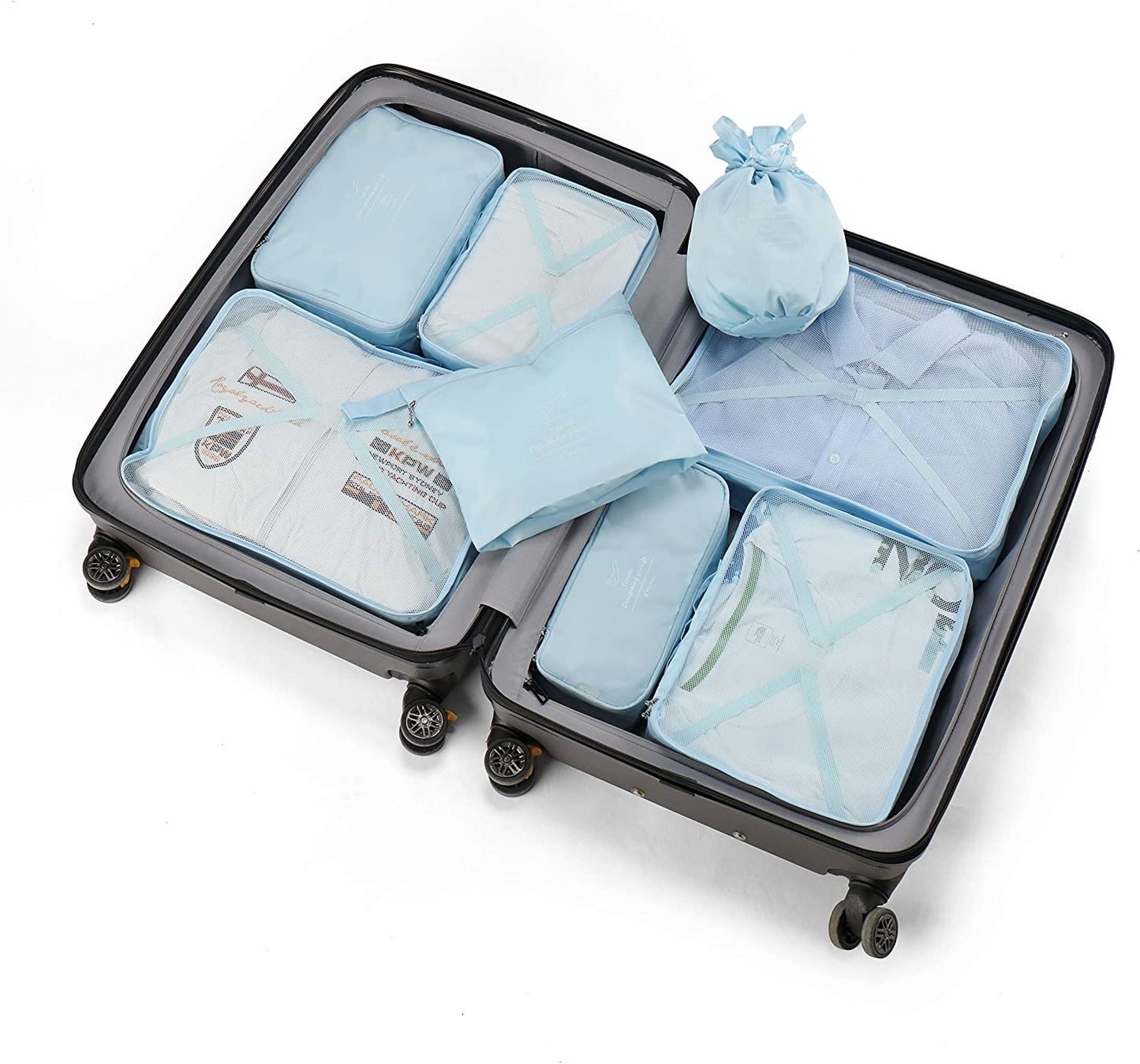 Travel packing cubes, waterproof, 8 pieces (light blue)