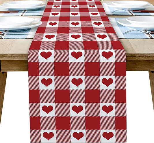 Red checkered table runner with love hearts for Valentine's day