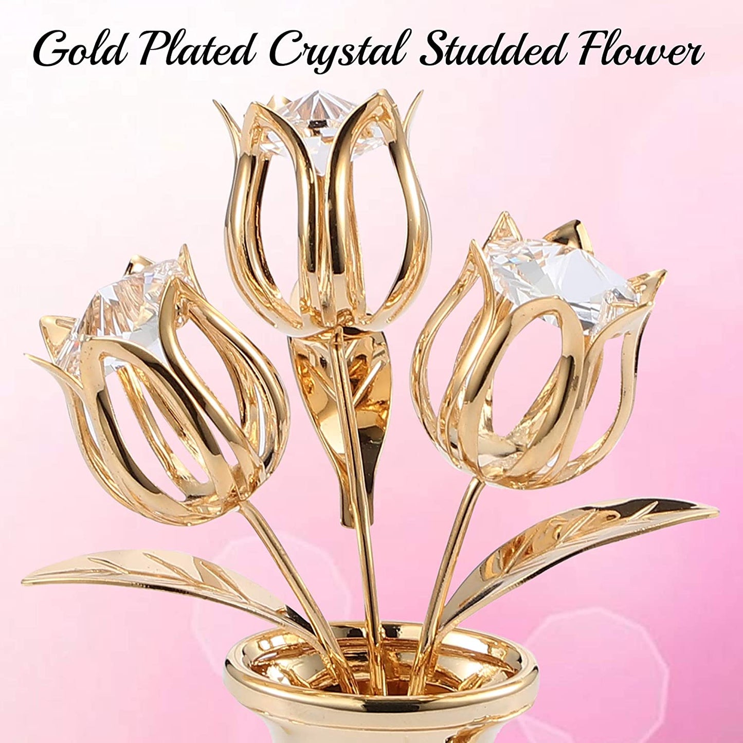 24K Gold Plated Crystal Studded Flower Ornament in Vase