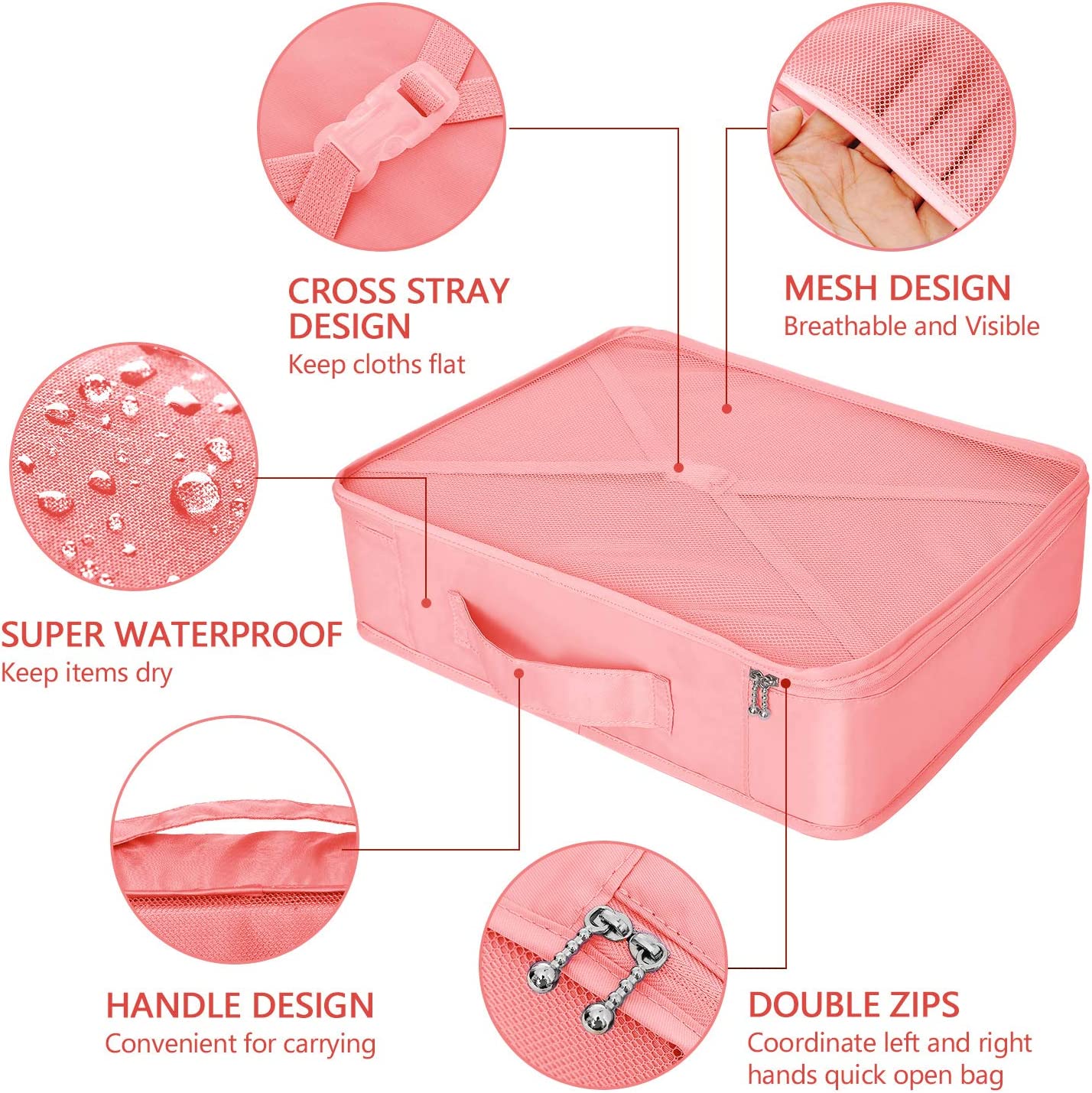 Travel packing cubes, waterproof, 8 pieces (pink)