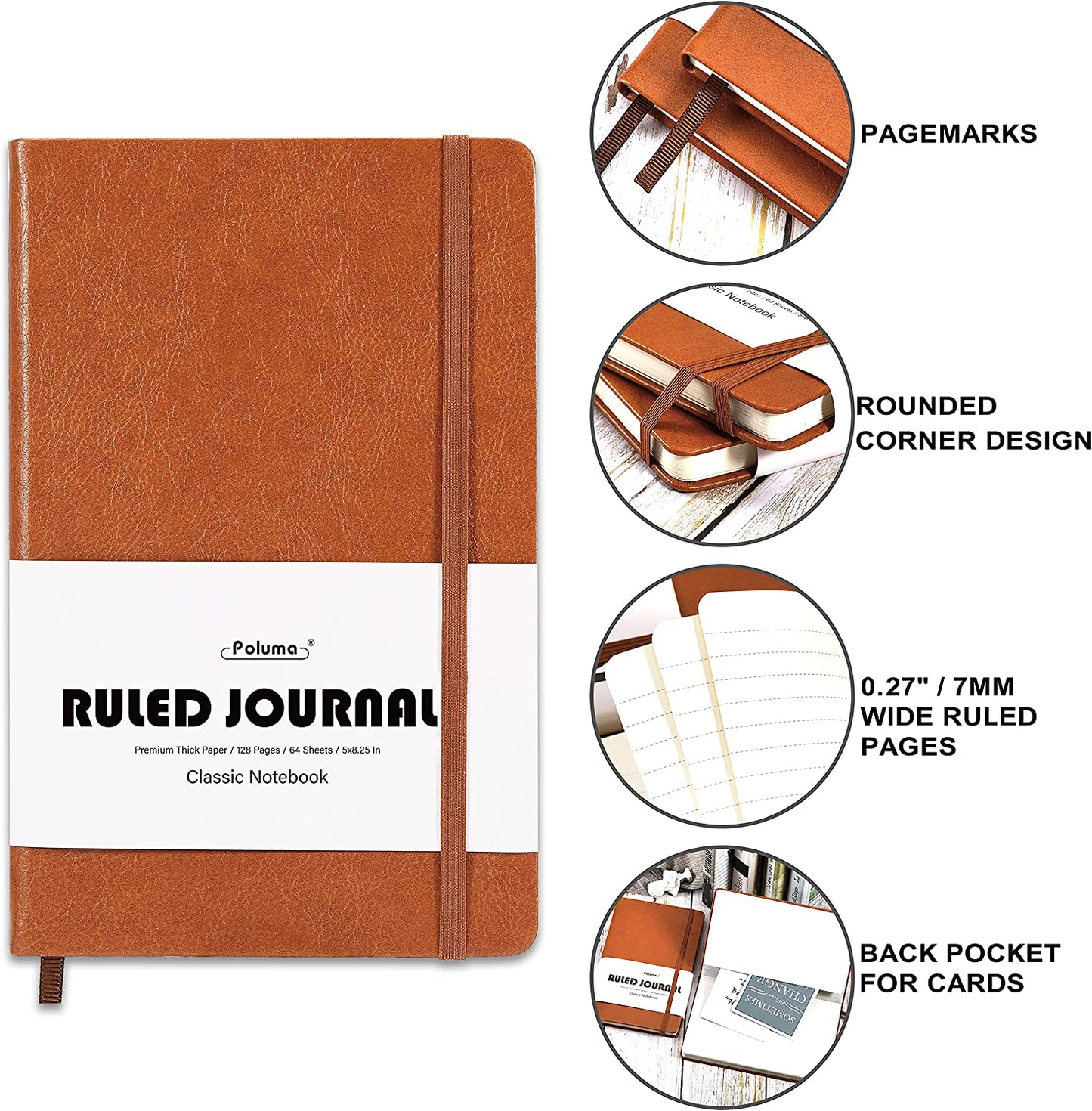 Classic hardcover lined notebook with elastic closure, brown