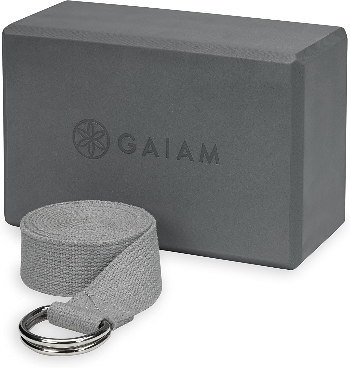 Yoga block, Strap, Foam, Gray, 9" W x 6" H x 4" D