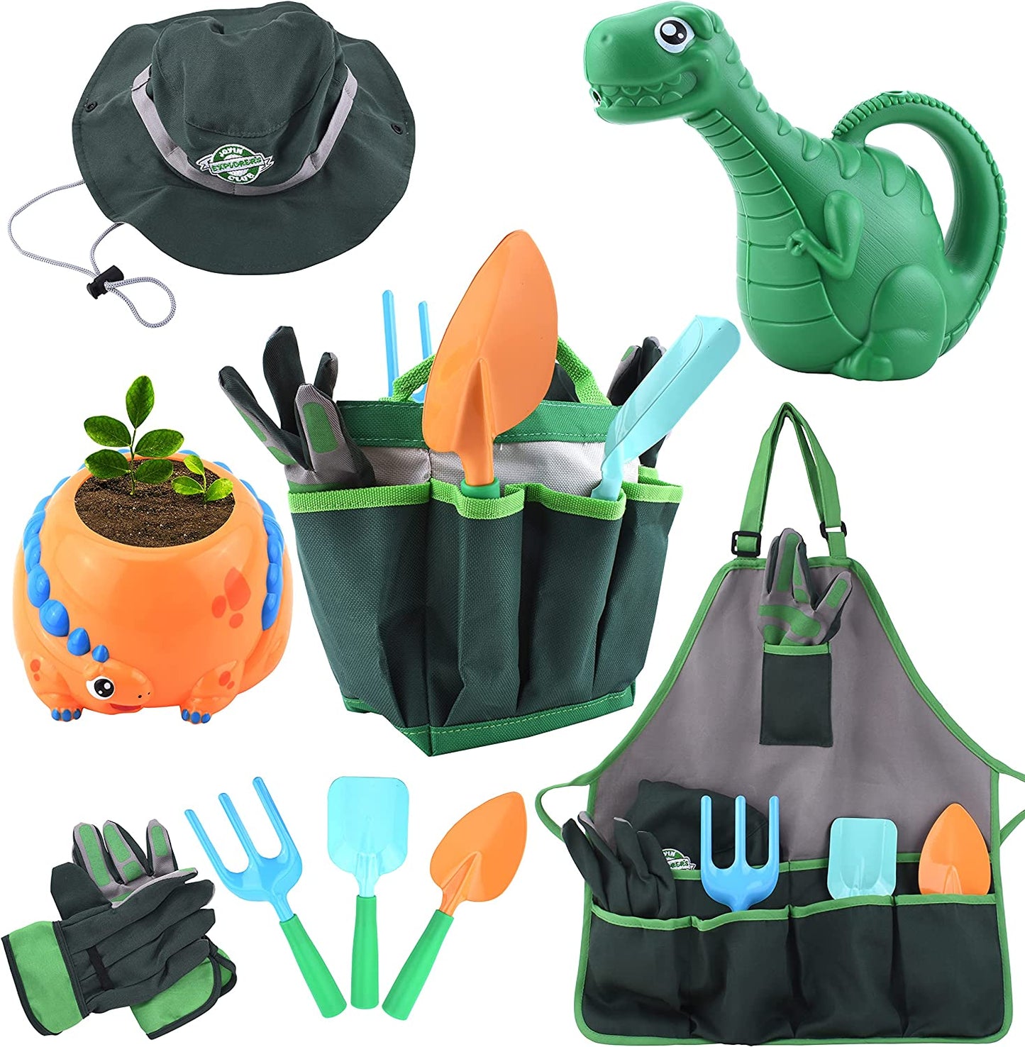 Kids garden kit with dinosaur-shaped tools