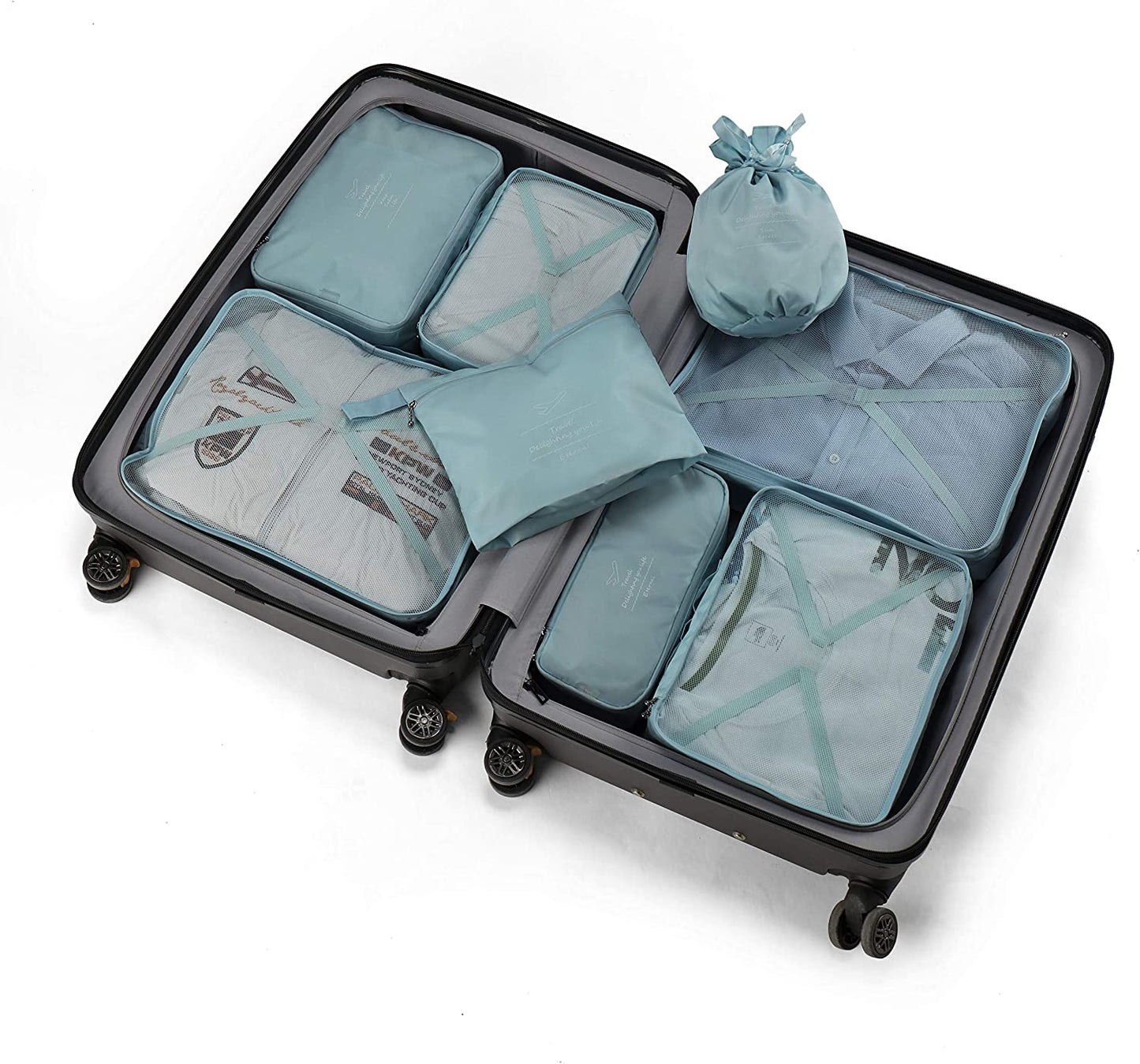 Travel packing cubes, waterproof, 8 pieces (blue grey)