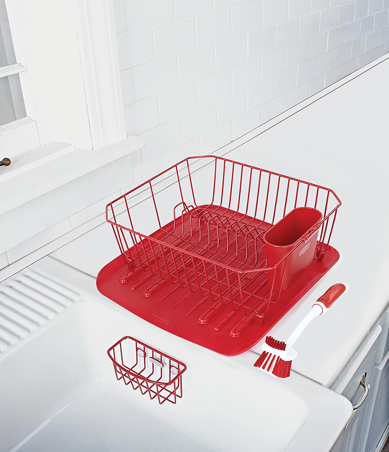 Dish Drainer, Drain Board, Sponge, and Kitchen Brush Set (Red)