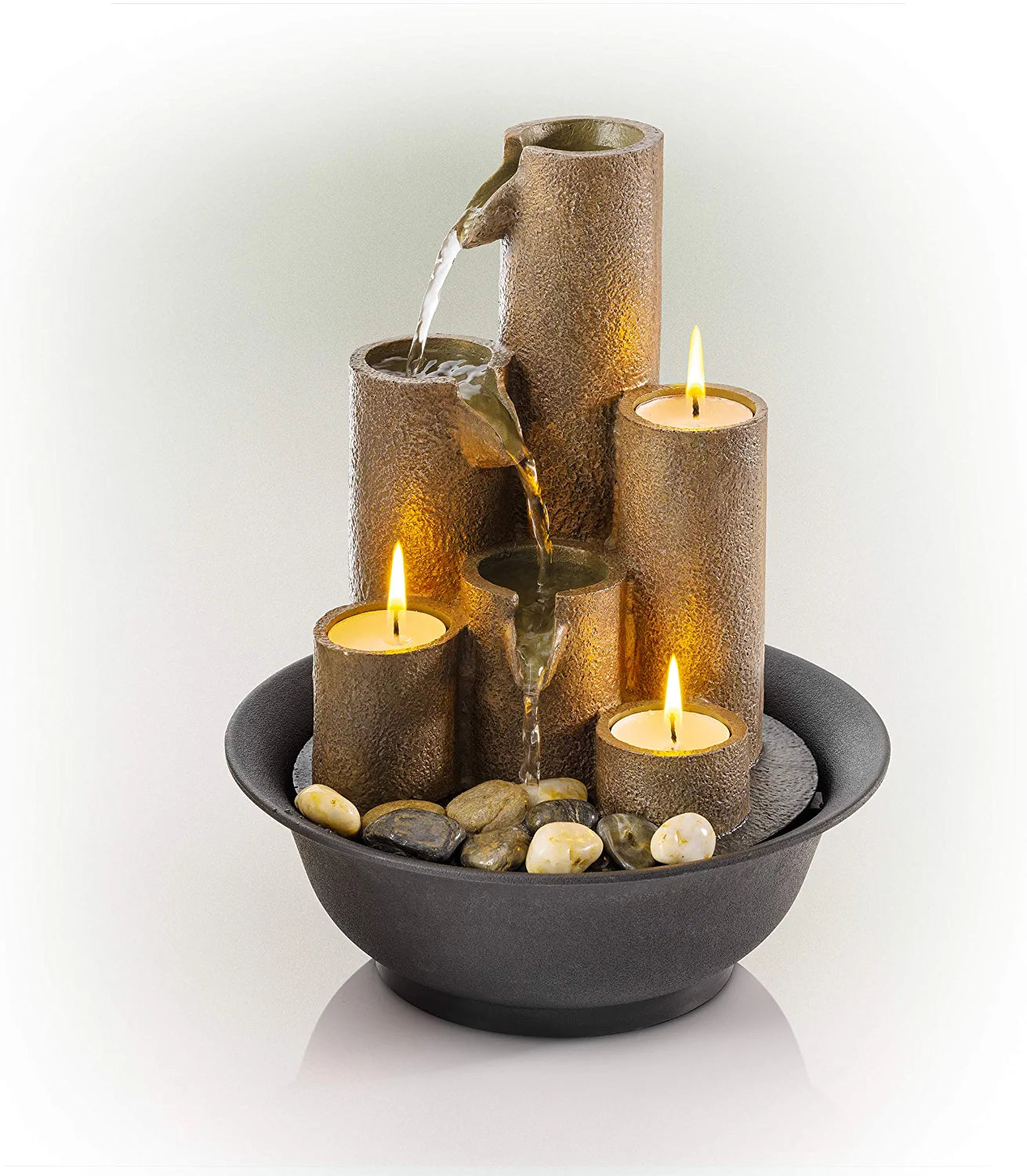 Tiered Column Tabletop Fountain with 3 Candles, 11" Tall, Brown